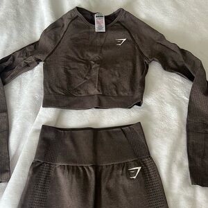 Brown Gymshark long sleeve crop workout set